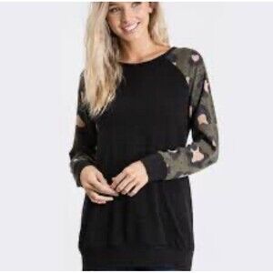 Hemish USA Black Tunic Sweatshirt Womens Large Camo Leopard Sleeves